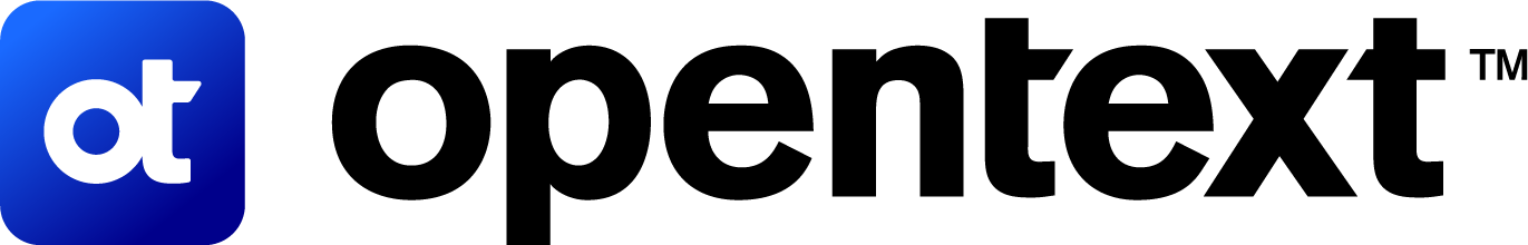 Opentext-Logo in blauer Schrift auf weißem Hintergrund, symbolisiert digitale Informationsmanagement-Lösungen.