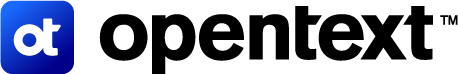 Opentext-Logo in blauer Schrift auf weißem Hintergrund, symbolisiert digitale Informationsmanagement-Lösungen.