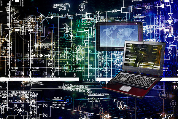 Laptop and monitor on a computer diagram showing the connection and interaction between the devices.