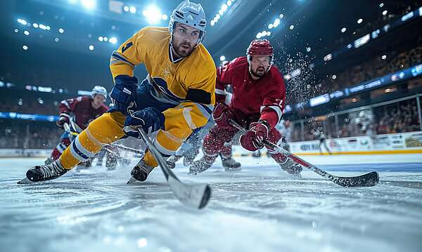 Zwei Eishockeyspieler spielen auf einer Eisbahn.