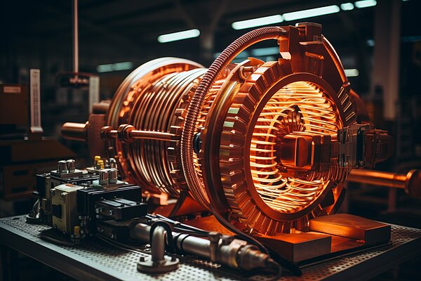 An industrial machine with a large copper coil, depicted in a factory setting.