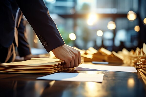 A person in a suit is holding a folder in their hand.
