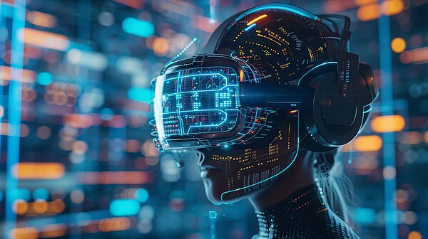 A woman wears a futuristic helmet in front of a futuristic background.