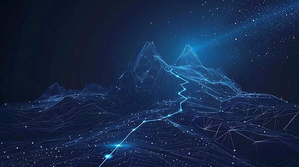Abstract digital landscape with stylised mountains and twinkling stars in the night sky.