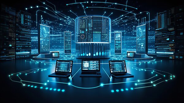Futuristic data centre with laptops and computers arranged in a modern environment.