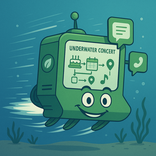 Unterwasser-Konzert von Joshua Klein mit schwimmenden Musikern und bunten Fischen im Hintergrund.