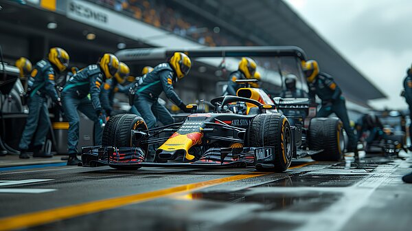 A Red Bull Racing car is serviced and repaired by mechanics.