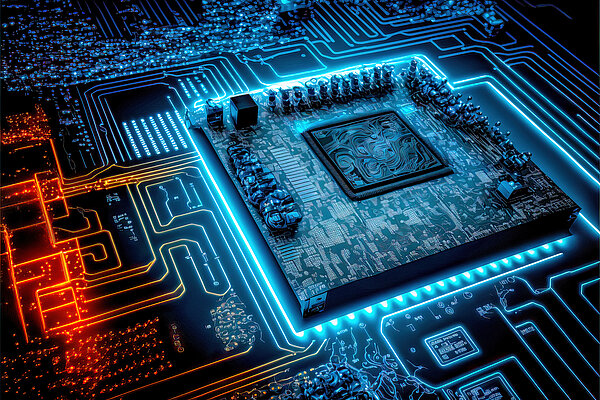 A computer chip on a printed circuit board, surrounded by electrical connections and components.