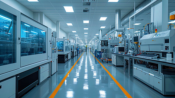 A long corridor with numerous machines lined up along the walls.