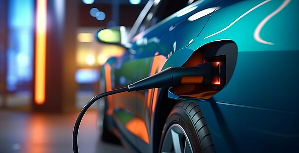 An electric car is connected to a charging station.