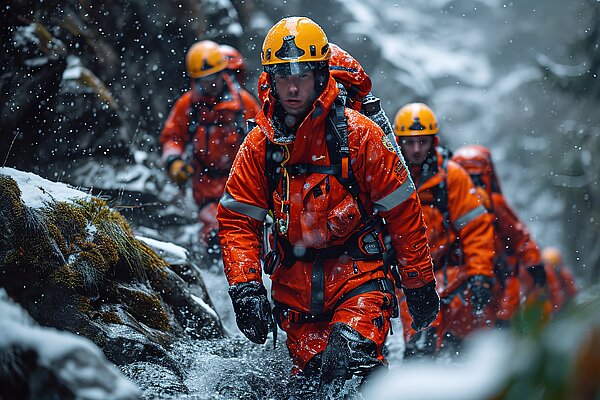 Eine Gruppe von Bergrettern in orangefarbenen Jacken läuft durch den Schnee.