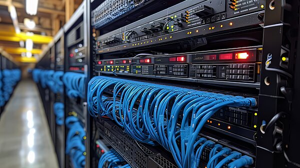 A large number of servers in a modern data centre, neatly arranged in rows.