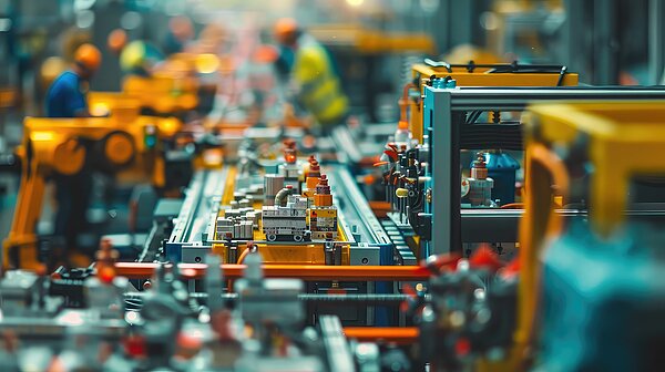 Industrial machinery in a factory used for the production of goods.