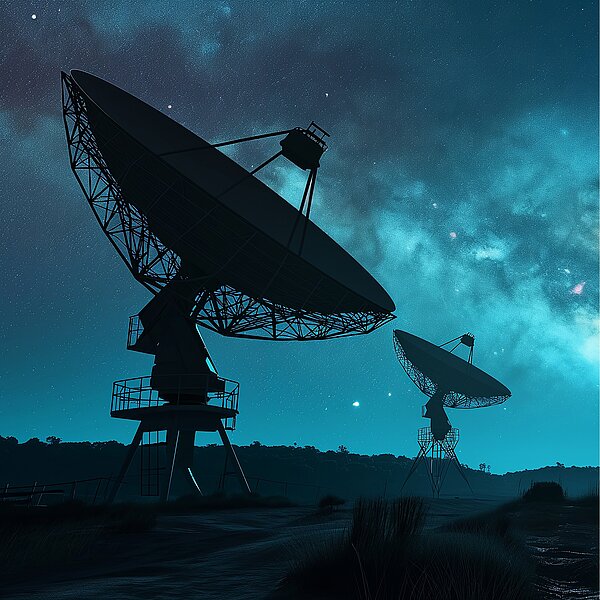Zwei Satellitenschüsseln sind am Himmel sichtbar, umgeben von blauen Wolken.