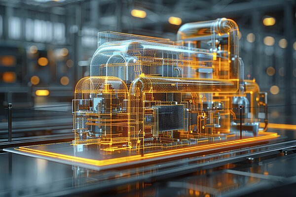 3D rendering of a factory with pipes and machinery, representing industrial design and functionality.