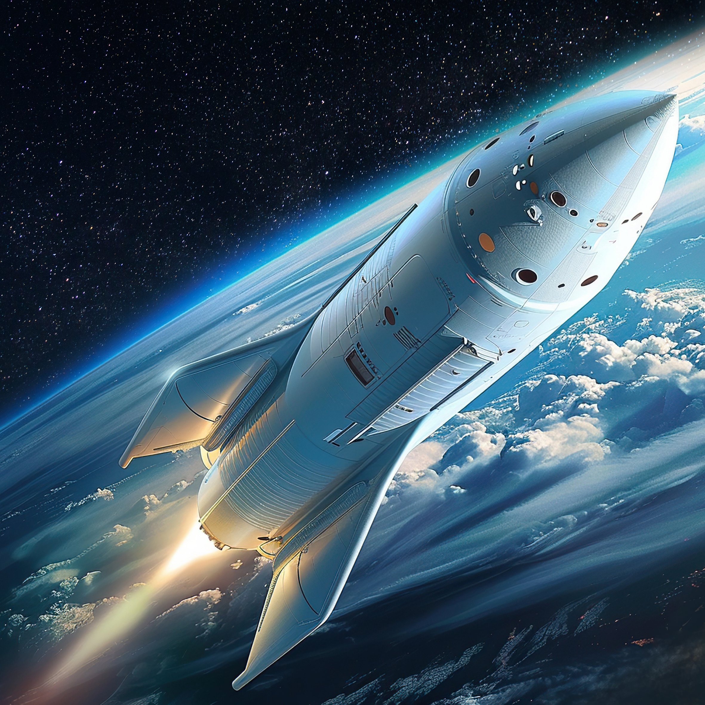 Rakete fliegt im Weltraum.
